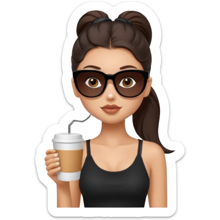 generate a pretty fair bratz girl with dark brown eyes, dark brown eyes tied into a slick back ponytail, thin brown sunglasses. Wearing a black cami top and drinking coffee sticker