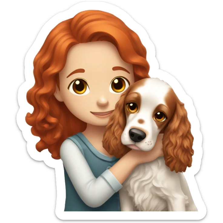 A very cute girl with red hair cuddling a happy English Cocker Spaniel. sticker