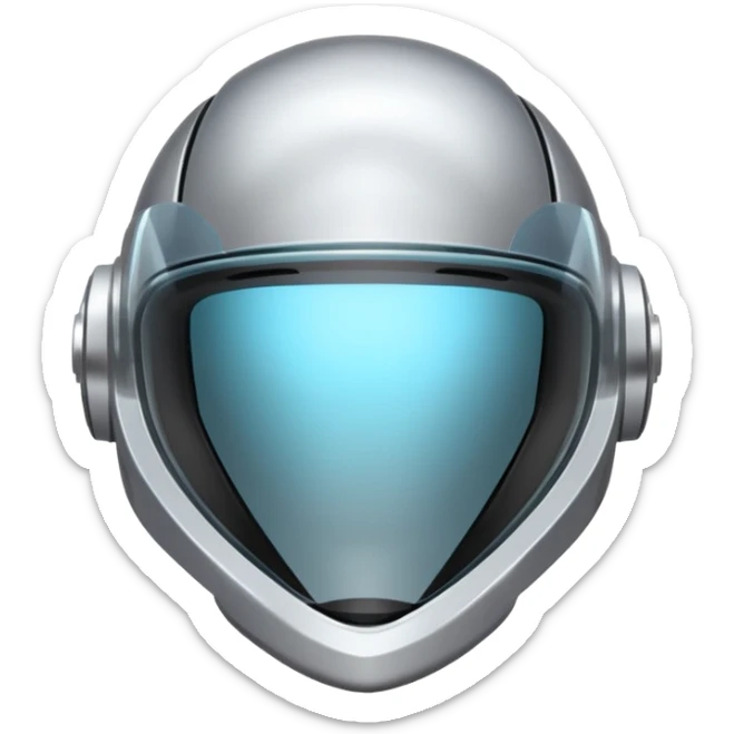 A futuristic helmet emoji made of silver chrome, smooth aerodynamic shape, minimal visor detail, reflective metallic surface, sci-fi aesthetic, iOS emoji style, centered on clean white background sticker