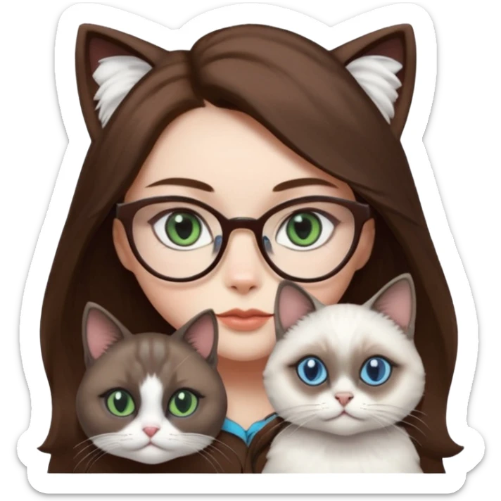 O data cu parul saten ,ochii griji-albastrii ,ochelari și codițe de pisica ..și langa o pisicuță alba pufoasa ,cu ochii verzi și o a doua pisica siameza pufoasa cu capul maro -negru și coada ,restul corpului un maro deschis spre alb  , ochii albaștrii sticker