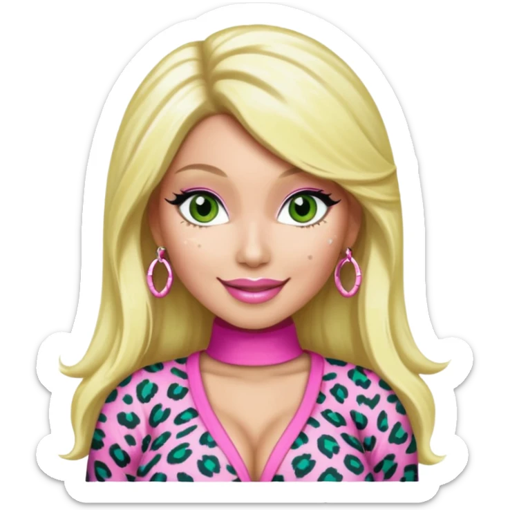 Smiling Green eyed white skin Nicki Minaj wearing a pink leopard print outfit with blonde hair sticker