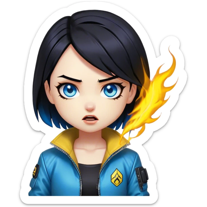 Black hair cyberpunk 2077 chibi girl with blazing blue eyes and yellow jacket from the animation show cyberpunk edge runners. All emotion reactions sticker
