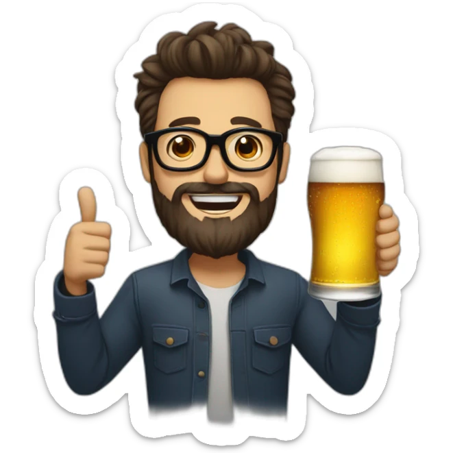 Man With black glasses, Brown hairs and Henriquatre beard, who hold a Beer in the Hand and makes cheers sticker