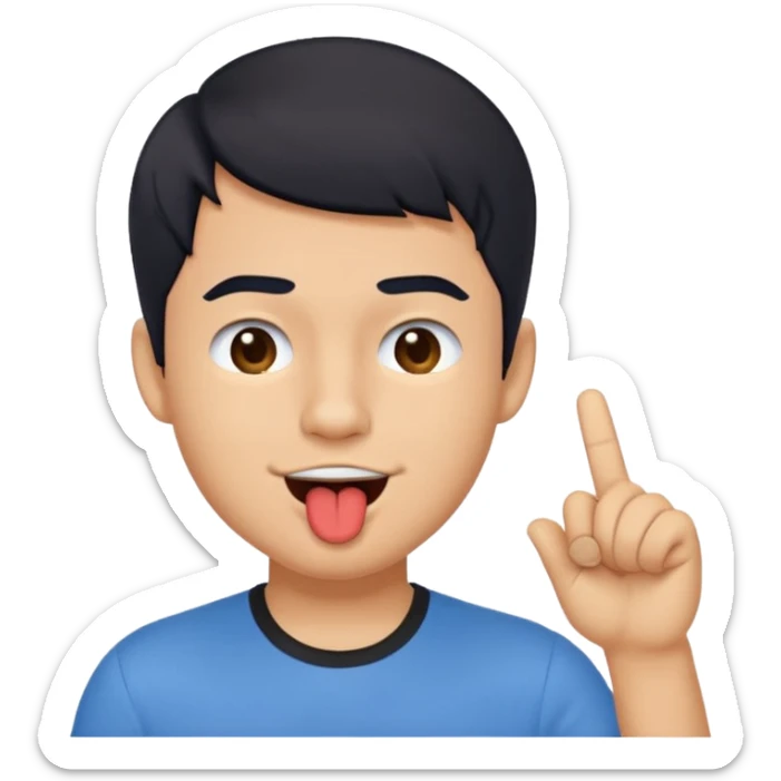 "Create a playful emoji of a young man with short black hair, wearing a blue shirt. He is winking with one eye, sticking out his tongue dramatically, and pointing to his forehead with one hand in a cheeky gesture.
 sticker