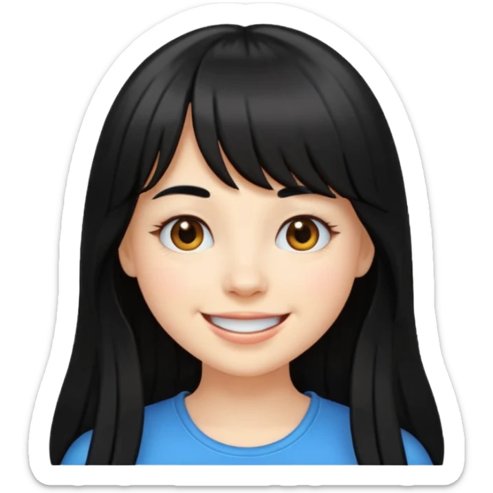 pretty white girl with long black hair and thick bangs, cheerful and cute, emoji style sticker