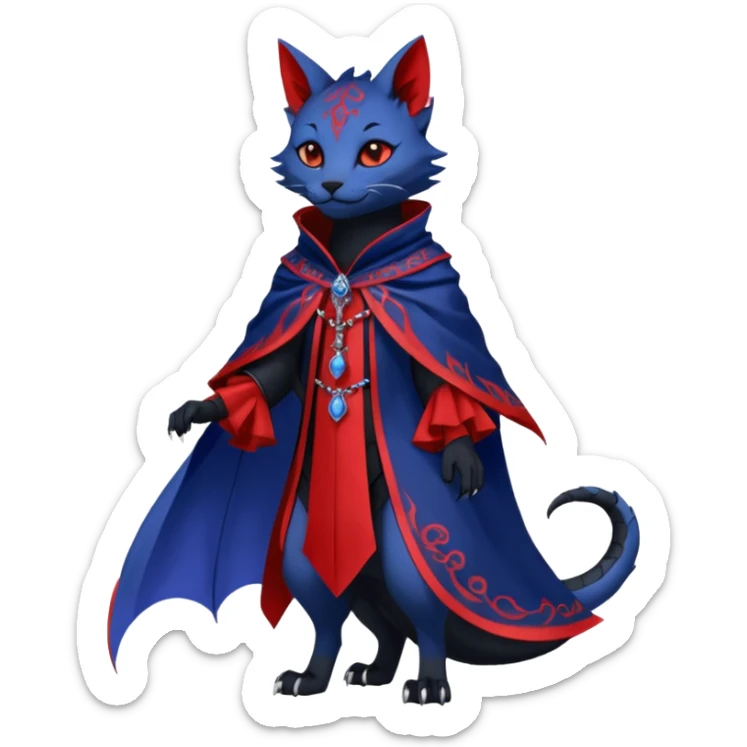 Kawaii gothic badass black, red, indigo, cute beautiful pretty elegant divine edgy feline-vernid-sergal-Haku-dragon-fursona-animal-creature, full body, with intricate detailed markings, Embroidered capelet, silken shawl sticker