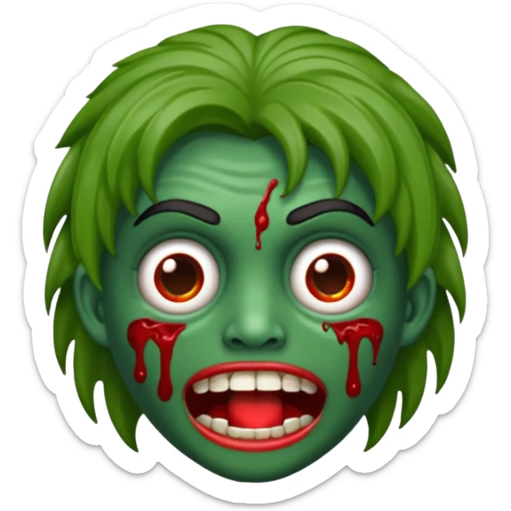 emoji de zumbi estilo WhatsApp, cabeça verde, cabelo cacheado vermelho volumoso, olhos brancos brilhando, expressão divertida e assustadora, cartoon, linhas limpas, fundo transparente, qualidade alta sticker