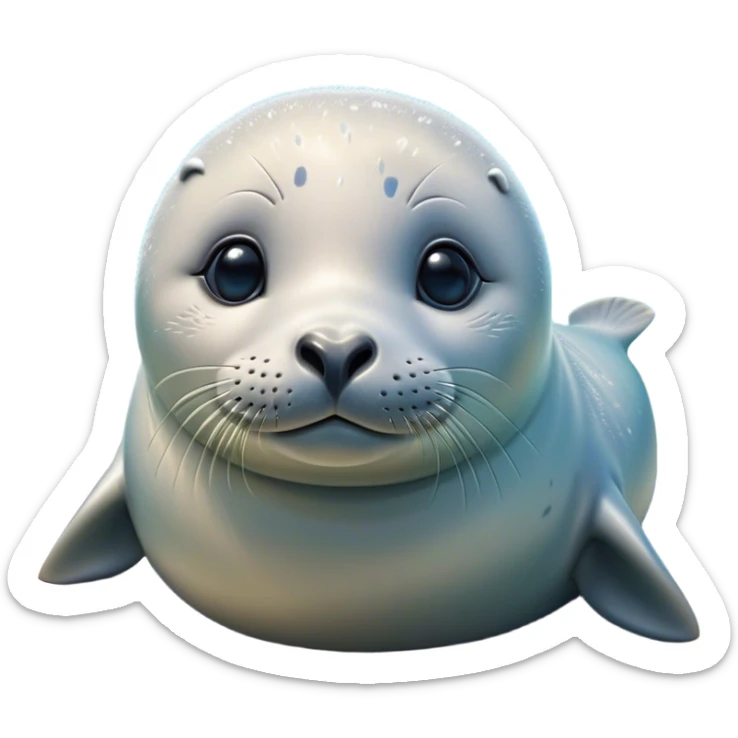 Cinematic Cute Seal Portrait Emoji, Head tilted playfully and inquisitively, featuring a charming, plump form with a sleek, shiny body and round, sparkling eyes full of gentle wonder, accented by a subtly contoured head, Simplified yet irresistibly adorable features, highly detailed, glowing with a warm, friendly oceanic glow, high shine, affectionate and lively, stylized with a touch of whimsical seaside charm, soft glowing outline, capturing the essence of a mischievous yet loving seal that seems as if it could pop out of the screen into your arms! sticker