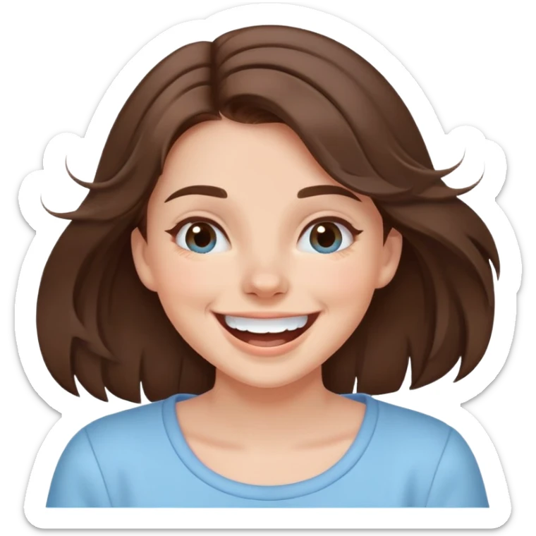 brunette girl with brown hair wearing pastel blue clothes laughing joyfully sticker