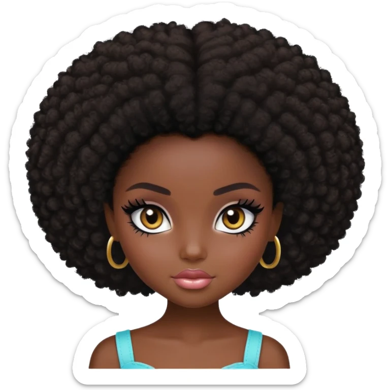 pretty bratz girl, dark black skin, dark brown afro, dark brown eyes, black eyeliner, deep black skin sticker