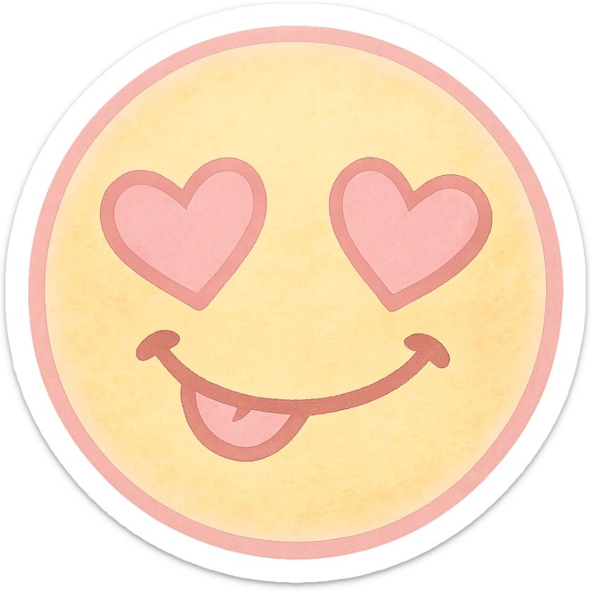 cute emoji, heart eyes, playful grin, pastel pink and yellow sticker