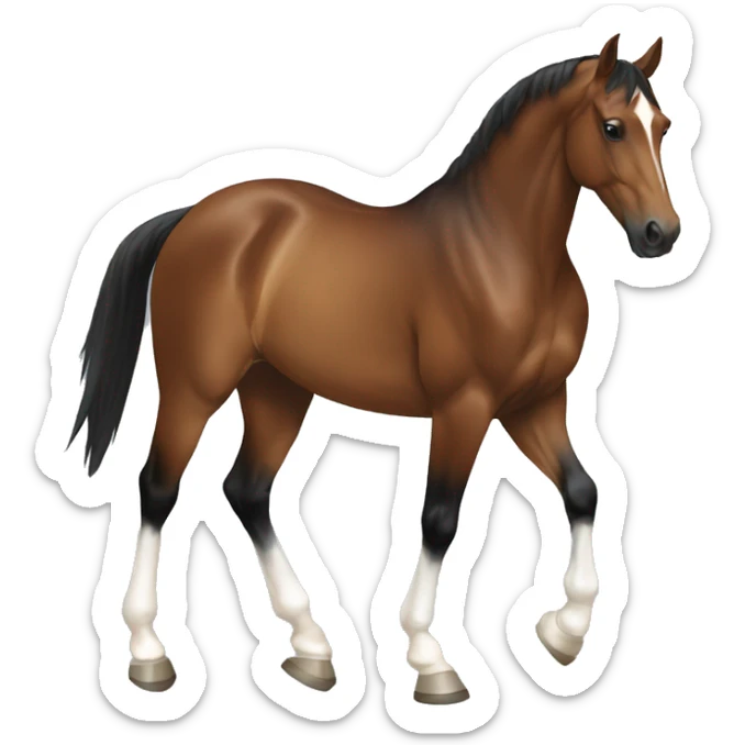 brown horse with two white socks in hind legs and two black legs in front, dressage sticker