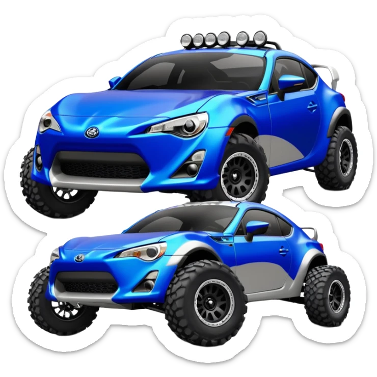 Dirty raced jacked 2013 scion fr-s ultramarine off road 4wd monster Baja dessert stadium racer number 86 with long travel suspension, shiny silver wheels, exaggerated wide black fender flares  sticker