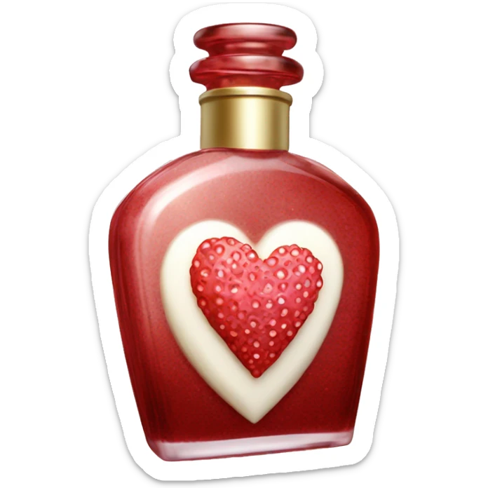 Antique heart-shaped parfumerie bottle with butter, made of red crystals, white cream and pink strawberry milk pour from the bottle sticker