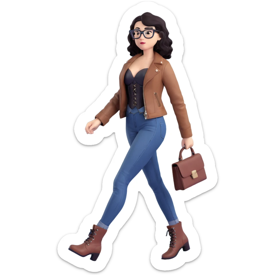 3D animated drawing of a slim, light-skinned woman with wavy black hair and square-shaped glasses, wearing a black corset dress with a brown leather jacket, blue jeans, and brown ankle boots, walking confidently sticker