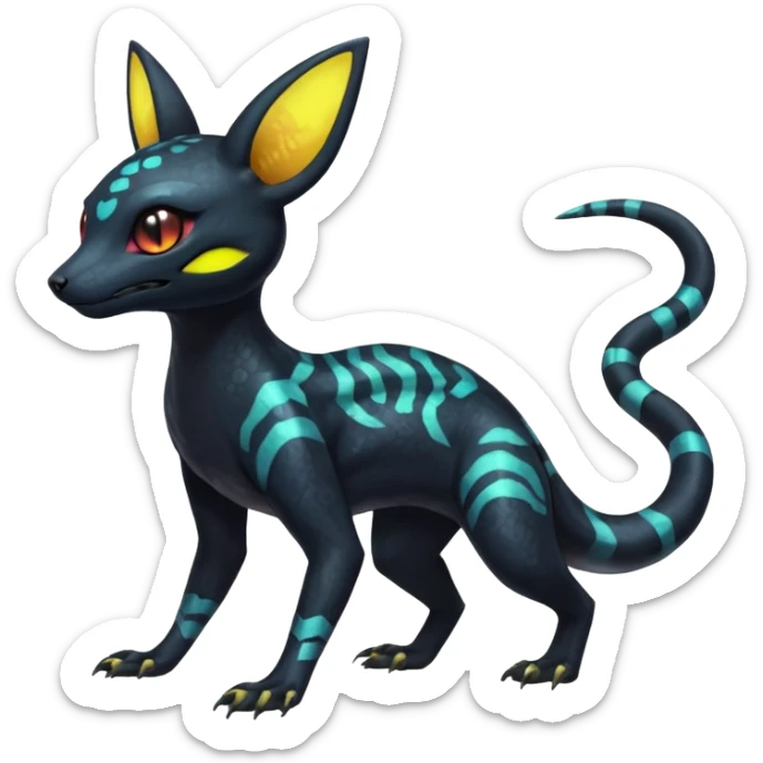 Rare epic aesthetic iridescent spooky gloomy colorful Salandit-Umbreon-Genet-species-Fakemon-hybrid-creature, with markings, full body sticker