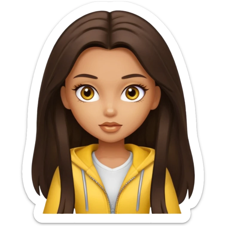 Bratz Sasha Dark brown long hair hazel eyes, yellow outfit sticker