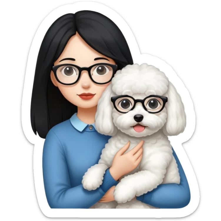 Girl with long black hair and glasses holding a white Bichon Frise dog sticker