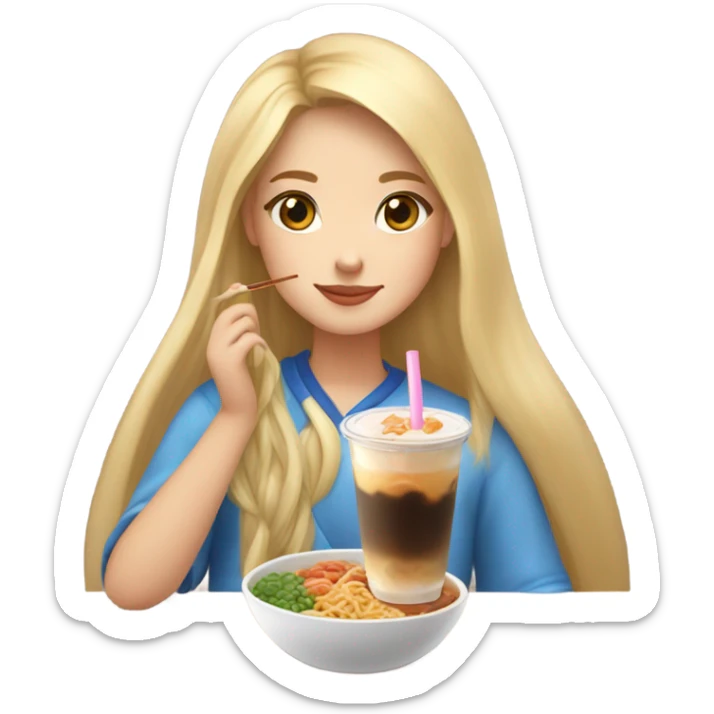  Blonde long hair girl eating Korean food and drinking boba sticker