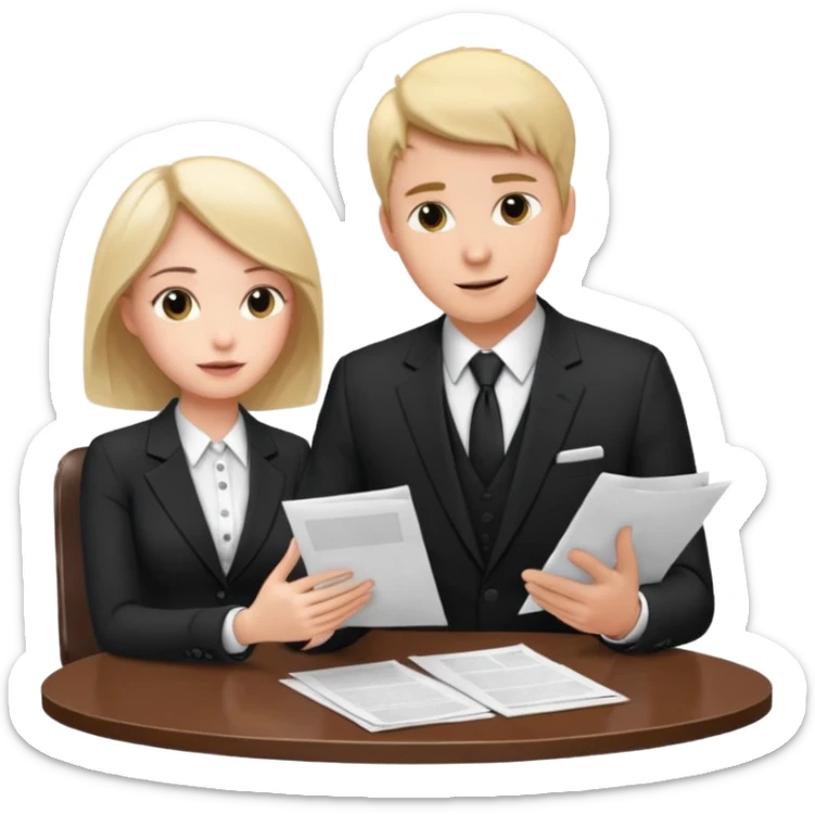 man in formal suit talking to woman in formal suit, they sit, papers in hands on the table sticker