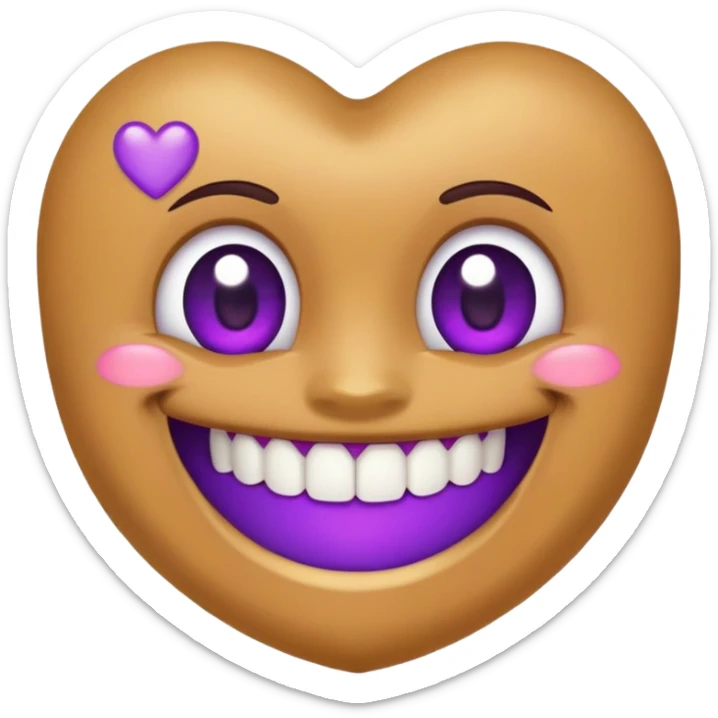 smiling face with purple heart eyes, front tooth gap and one gold tooth on the side, brown background sticker