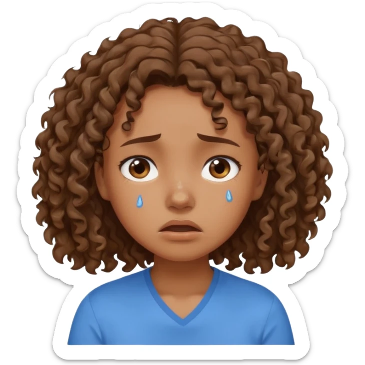 white young curly hair girl, brown hair, with a blue shirt, in despair crying sticker