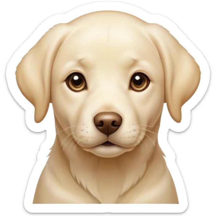 Cinematic Cute Cream Labrador Portrait Emoji, Head tilted playfully and inquisitively, featuring a silky cream Fur with a gentle sheen, round, sparkling warm eyes filled with curiosity, Simplified yet irresistibly adorable features, highly detailed, glowing with a warm, friendly glow, high shine, affectionate and spirited, stylized with a touch of whimsy, bright and endearing, soft glowing outline, capturing the essence of a mischievous yet loving companion, so playful it feels like it could dash out of the screen and into your arms! sticker