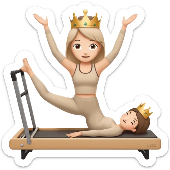 Cute sticker of a girl doing a Pilates stretch on a reformer while holding a cup of coffee in one hand. Wearing beige activewear and a small crown. Kawaii style, happy expression, vector, white outline, transparent background. sticker