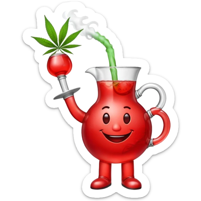 Kool-Aid Man pitcher character with legs and arms holding a bong and a prominent cannabis leaf sticker