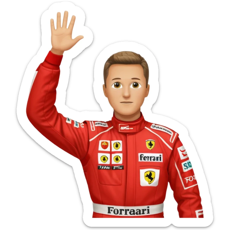 Michael Schumacher celebrating in Ferrari 2004 racing suit, arms raised, red suit with Ferrari and sponsor logos, emoji style sticker