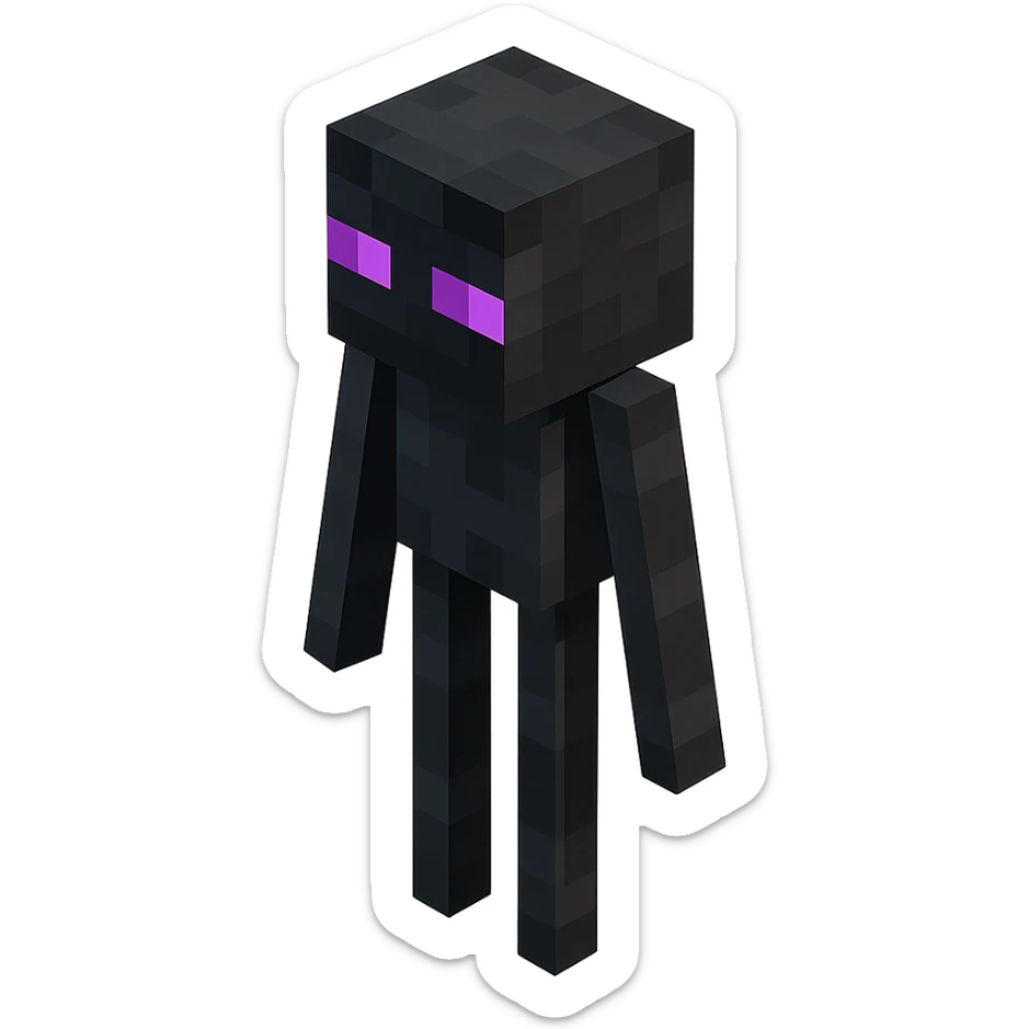 Minecraft Enderman, 3D blocky voxel style, tall and black with purple eyes, classic Minecraft look sticker