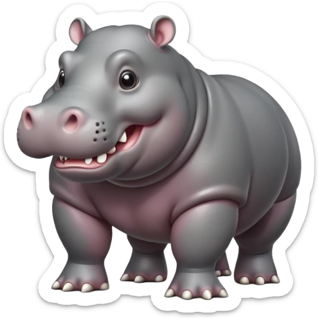 cinematic-hippo-realistic-full-body-side-view-standing-on-all-fours-emoji,-massive-round-frame,-wide-mouthed-grin-exposing-huge-teeth,-head-tilted-dramatically,-thick-grey-hide-glossy, big eues sticker