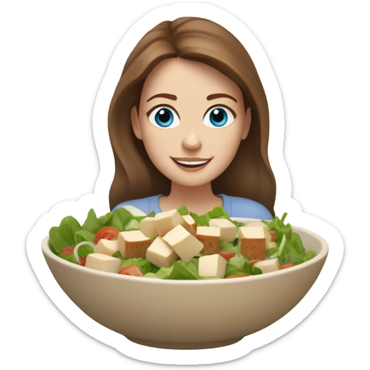 White girl Brown hair blue eyes freackles eating Tofu salad sticker