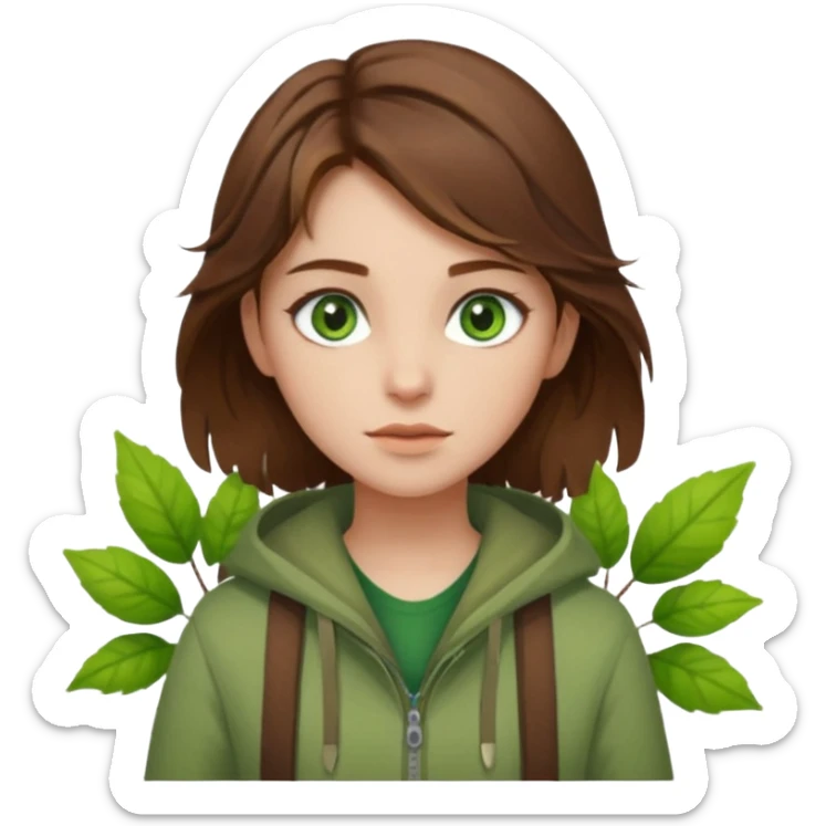 A girl with slightly tousled brown hair and green eyes, the color of light white and part of nature's  She is a nature girl. Cinematic Realistic sticker