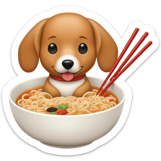 retro arcade style weenie dog eating ramen noodles out of bowl with chopsticks sticker