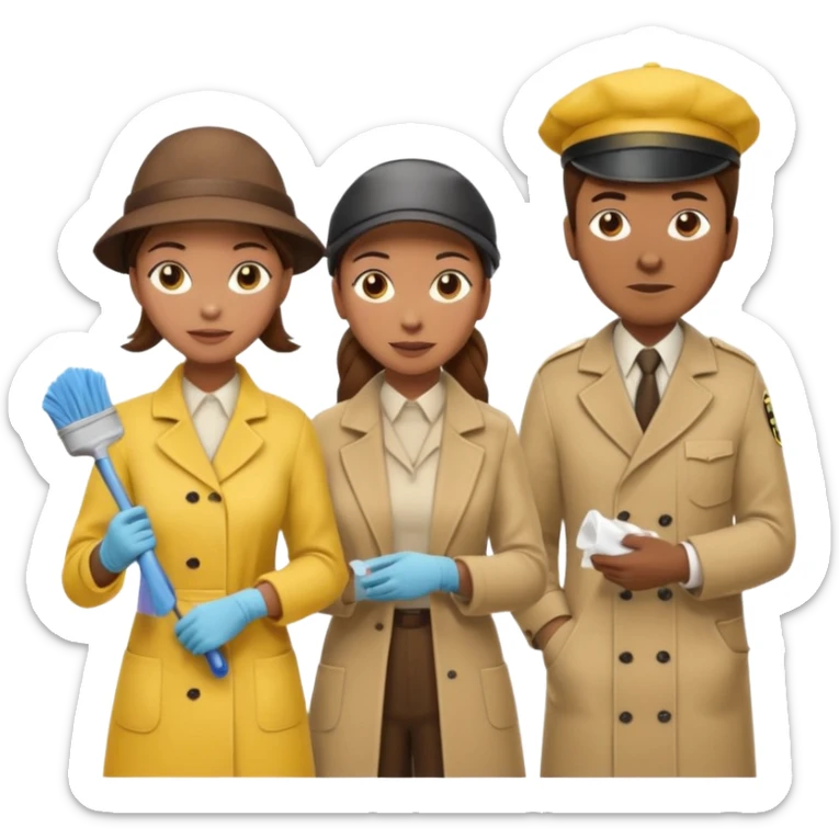 A cleaning Lady with Brown hair, high ponytail and yellow cleaning gloths is Talking to a Detektive (a man) with beige had, a beige coap and he is interviewing the cleaning Lady sticker