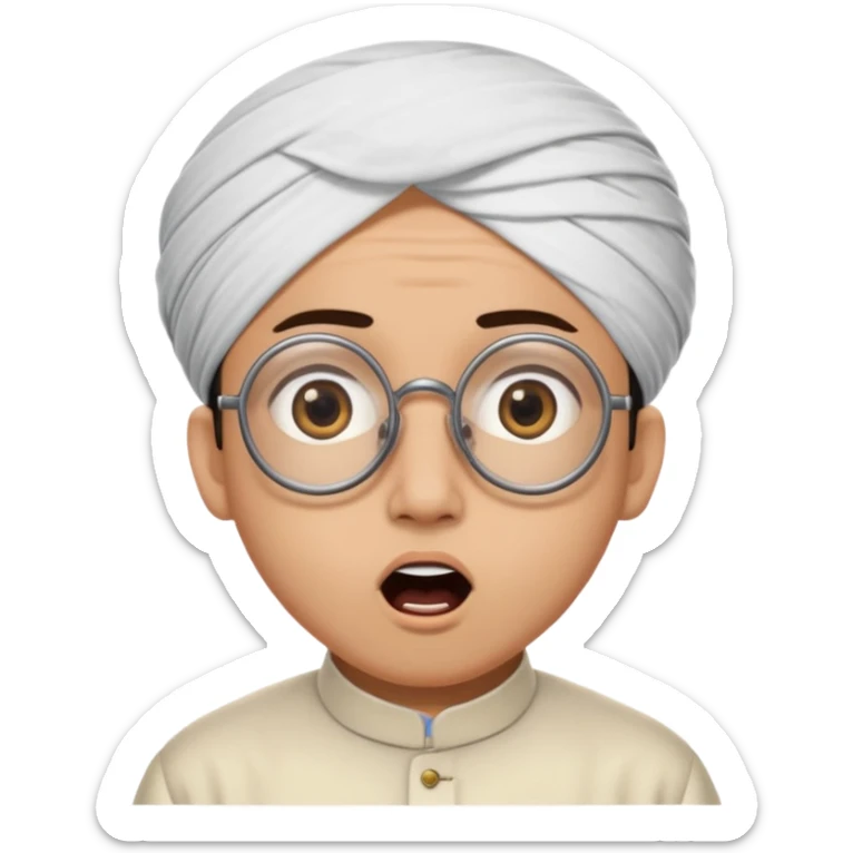 A person with light skin tone, wearing a traditional white ghutra with a black agal, large brown eyes, round glasses, and an open mouth showing a surprised or shocked expression. sticker