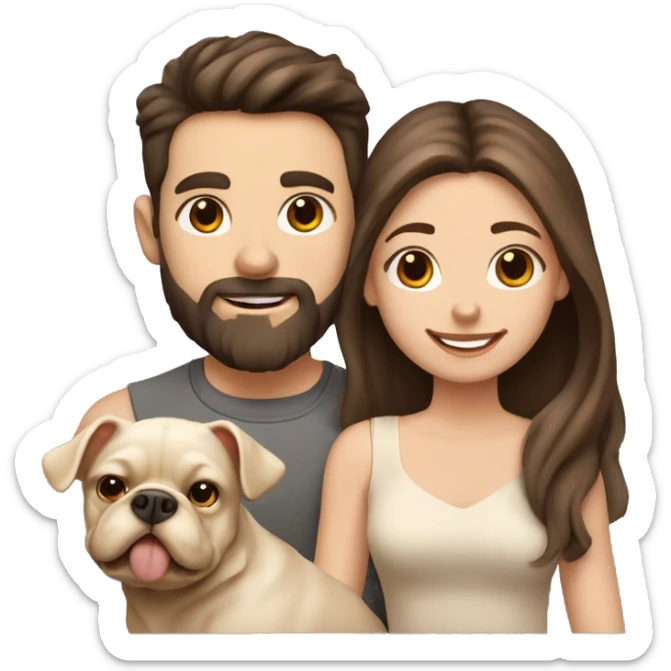 Brunette happy couple boy with beard and girl  with long hair with one cute beige French bull dog  sticker