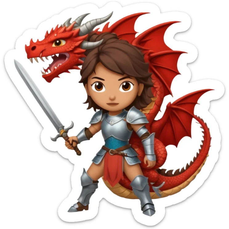 Fierce Latina in armor with a sword after a battle cutting off the head of a dragon sticker