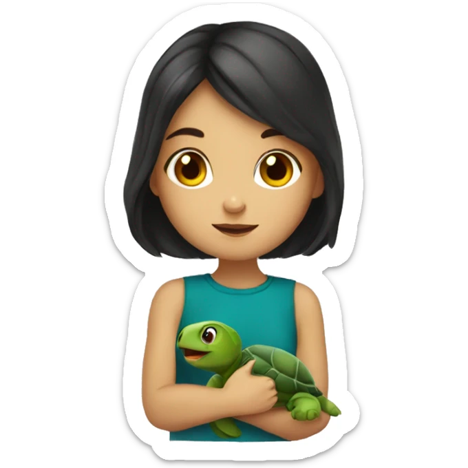 European girl with dark hair kiss little turtle sticker