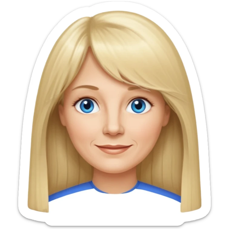 50 yr old white woman, curtain bangs, very long straight blond hair, oval face, small smile, blue eyes sticker