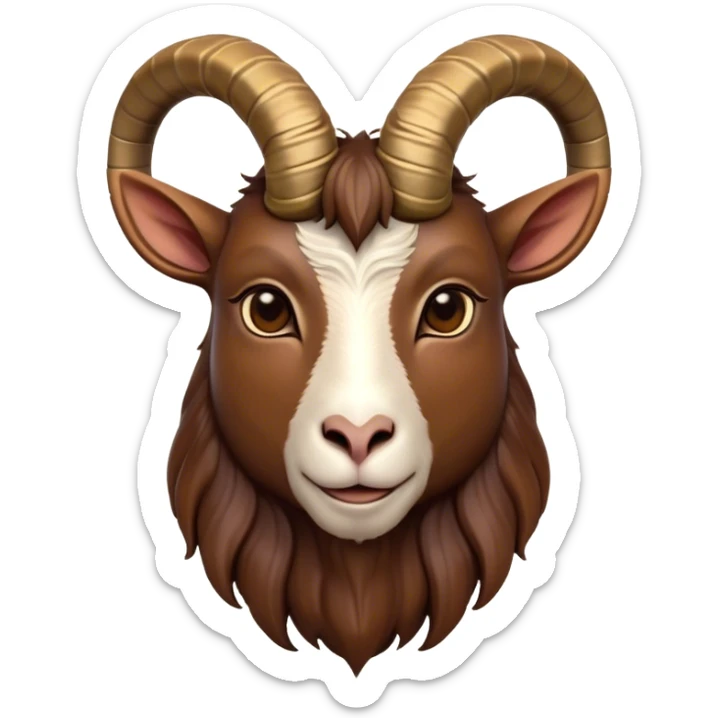 Cinematic Noble Brown Goat Portrait Emoji, Poised and regal, with a sturdy, agile build and a smooth, well-groomed rich brown fur accented by gracefully curved horns, deep-set soulful dark eyes, Simplified yet sharp and sophisticated features, highly detailed, glowing with a warm, dignified glow, high shine, intelligent and spirited, stylized with an air of rustic elegance, focused and attentive, soft glowing outline, capturing the essence of a watchful and confident goat, so majestic it feels as though it could leap out of the screen with effortless authority! sticker