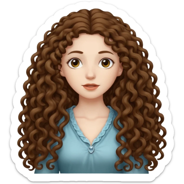 pale woman with brown curly very long hair, middle part. the hair is very very very very very very long, so long, you can't see the ends. the hair is very heavy and goes down to her feet sticker