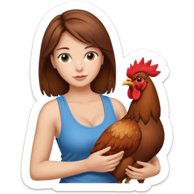 Brown hair very large boob Woman tanki top holding one rooster sticker