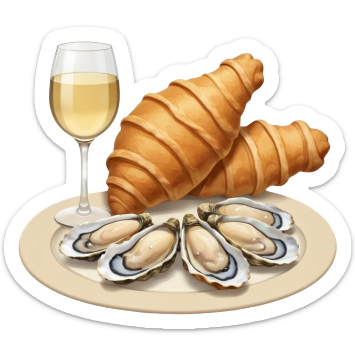 French cuisine humanless avatar in clean emoji-style illustration. Croissant, oysters and wine glass, soft beige tones, simple shapes, flat design, refined and cozy. sticker