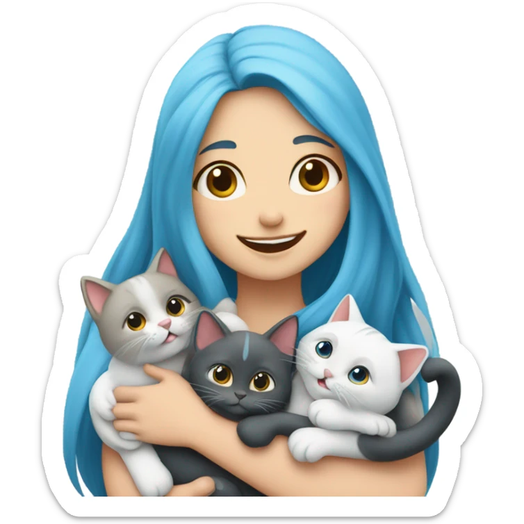 white skin girl with blue long hair hugging cats sticker