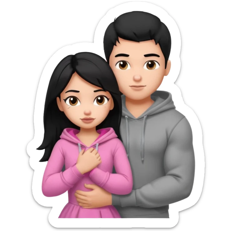 a pretty bratz boy with black hair and a grey hoodie, big biceps, hugging a girl with dark brown hair sticker