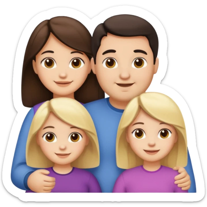 Familia de 4 personas sonriendo: Hombre gordito pelo oscuro, Mujer pelo cafe, hija 1 pelo mono e hija 2 pelo oscuro. sticker