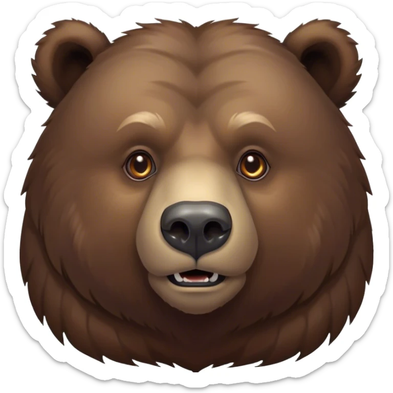 Cinematic Noble Grizzly Bear Portrait Emoji, Poised and regal, with a massive, powerful build and a thick, rugged deep brown fur, piercing deep-set soulful eyes, Simplified yet sharp and sophisticated features, highly detailed, glowing with a soft, dignified glow, high shine, intelligent and formidable, stylized with an air of untamed wilderness, focused and attentive, soft glowing outline, capturing the essence of a watchful and commanding guardian, so majestic it feels as though it could lumber out of the screen with effortless authority! sticker
