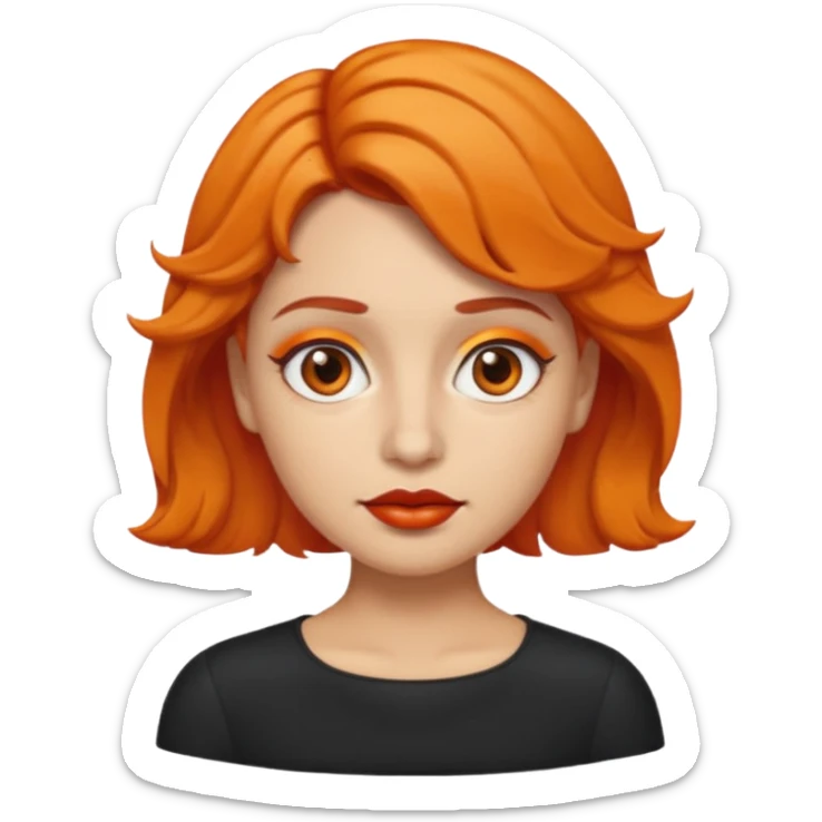 A person emoji with light skin, short orange wavy hair swept to one side, matching orange eyebrows, brown eyes, an oval-shaped face, a small nose, and dark lipstick. sticker